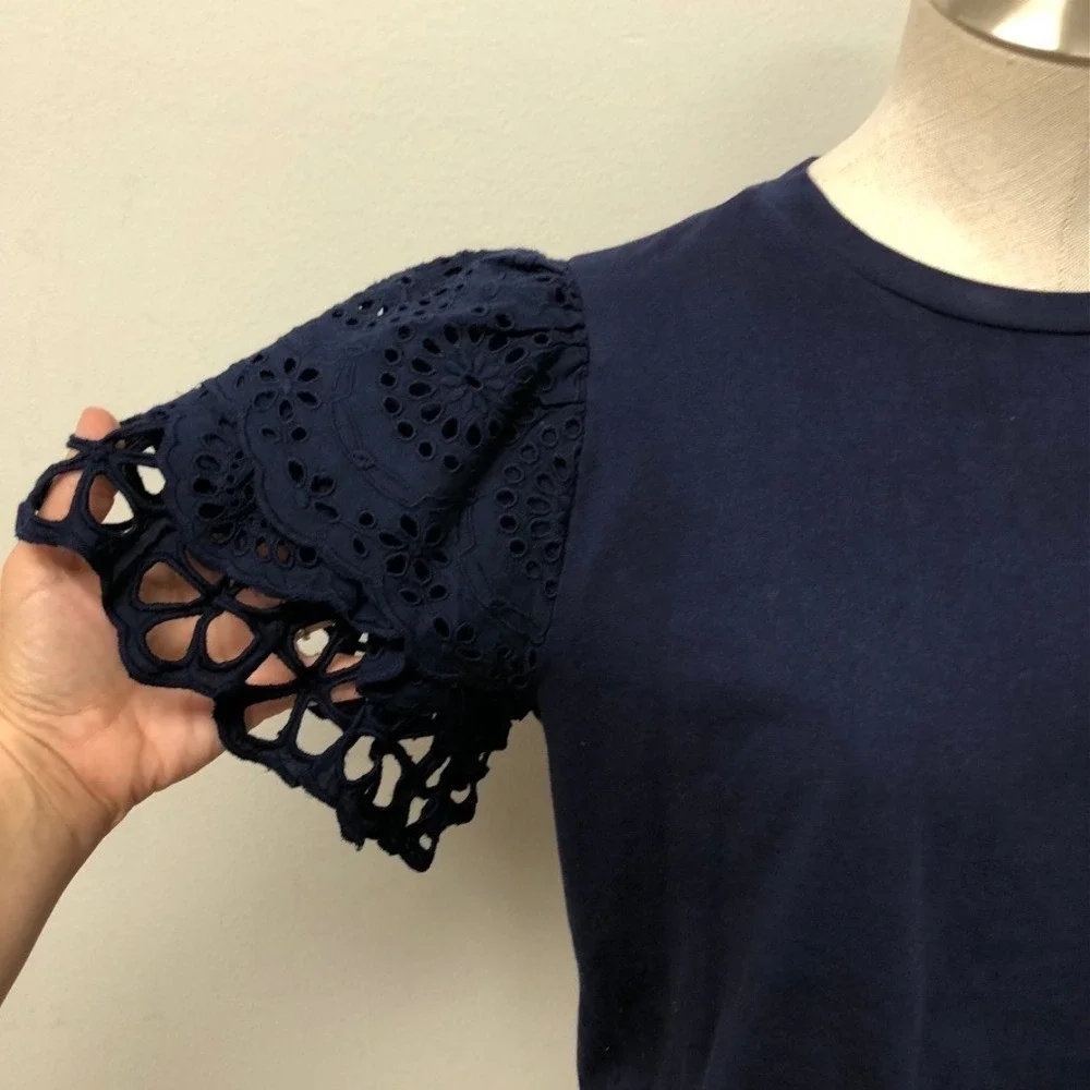 Free People T-Shirt Women Small Navy‎ Blue Eyelet Ruffle Sleeve Pocket Tee